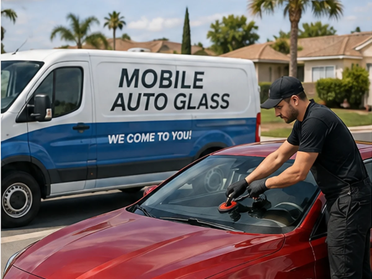 Technician replacing a windshield on a red vehicle