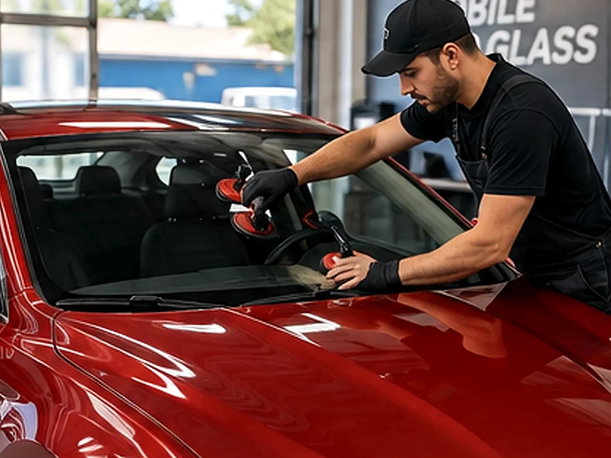 Windshield replacement detail on red vehicle
