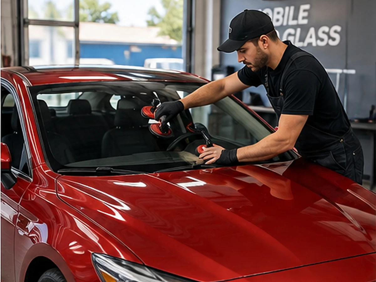 Technician replacing a windshield on a red car
